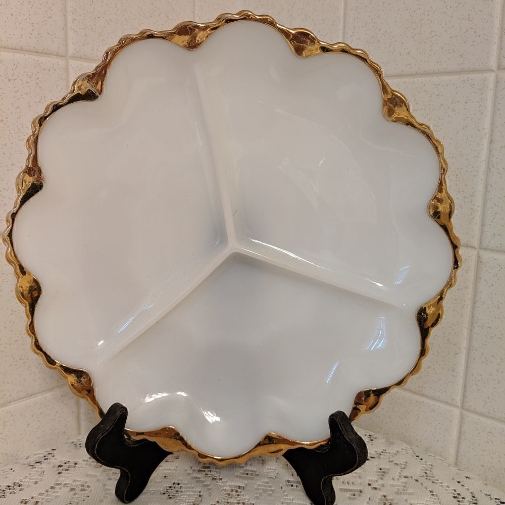 Vintage Milk Glass Divided Dish Vegetable Tray Gold Trim